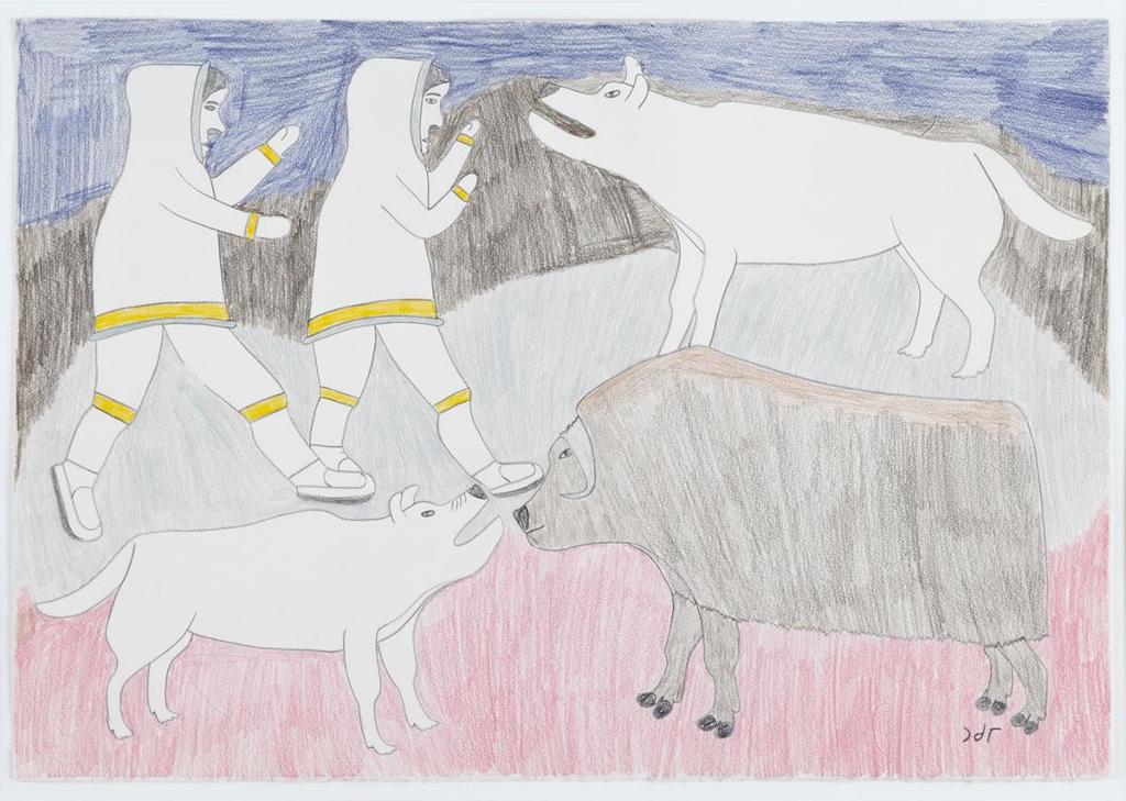 Simon Tookoome (1934-2010) - Hunters, Dogs, And Musk Ox