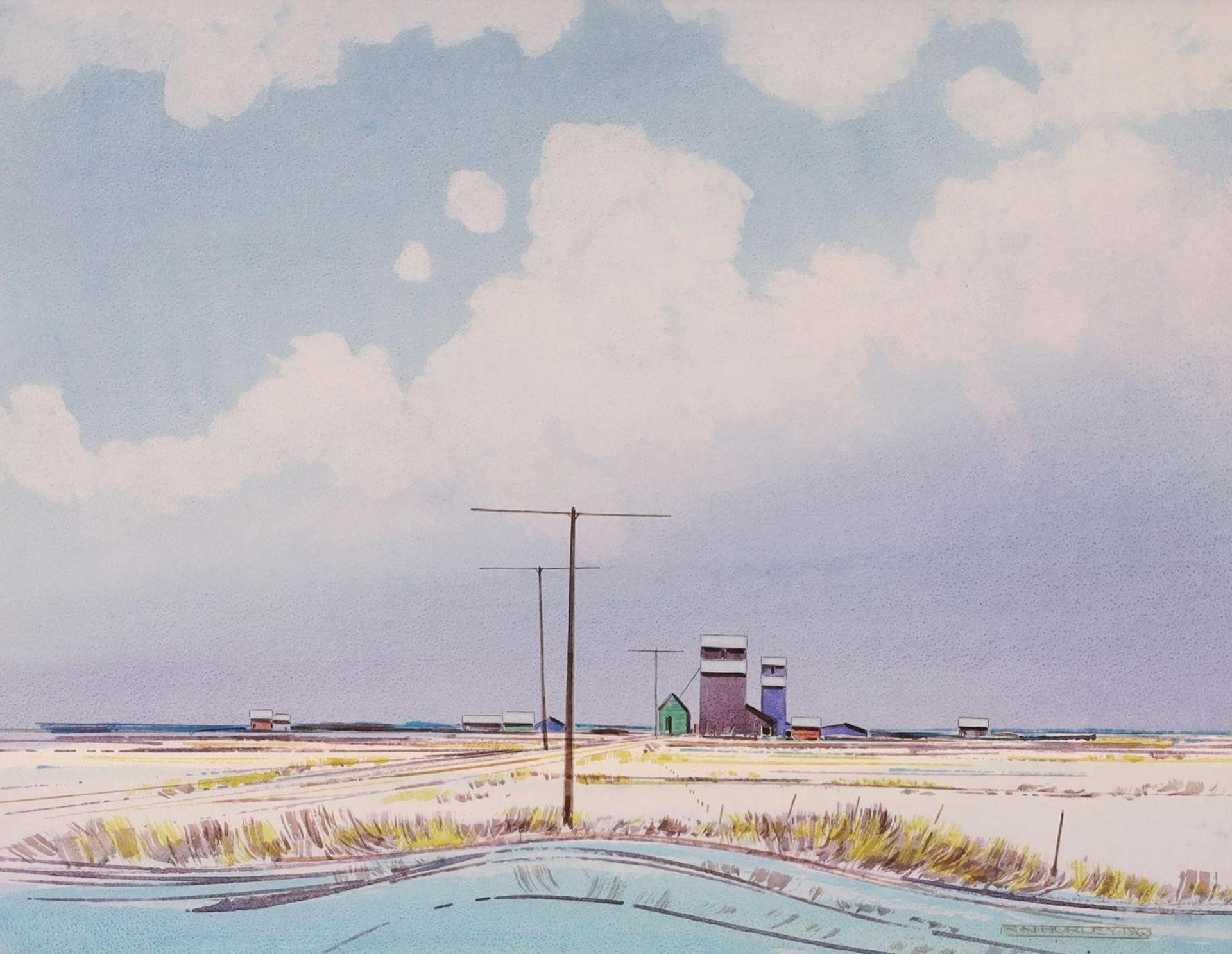 Robert Newton Hurley (1894-1980) - Prairie Farm With Grain Elevators; 1963