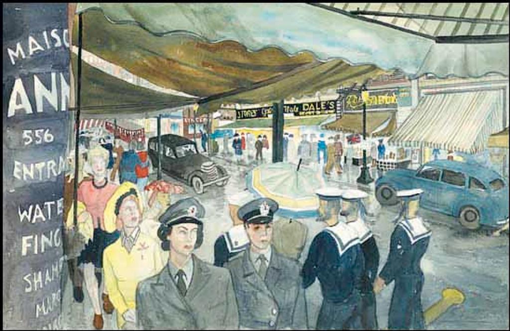 Jack Leaonard Shadbolt (1909-1998) - Under the Awnings, Granville Street, Vancouver (Watercolour Sketch for United Services Centre Mural Panel)