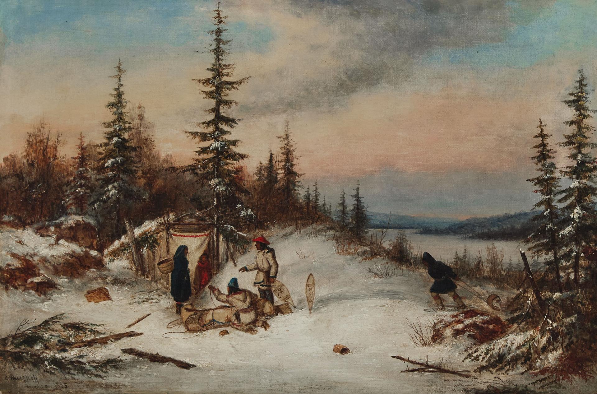 Cornelius David Krieghoff (1815-1872) - Indians Making Camp In Snow, 1855