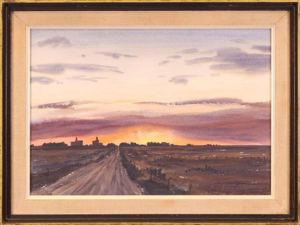 Don Frache (1919-1994) - Untitled, Prairie Sunset with Grain Elevators