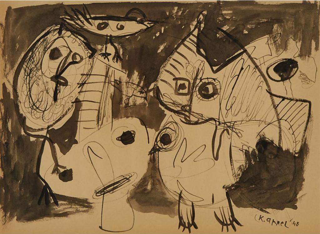 Karel Appel (1921-2006) - Untitled (Head With Birds And Cat), Reflex Period, 1948