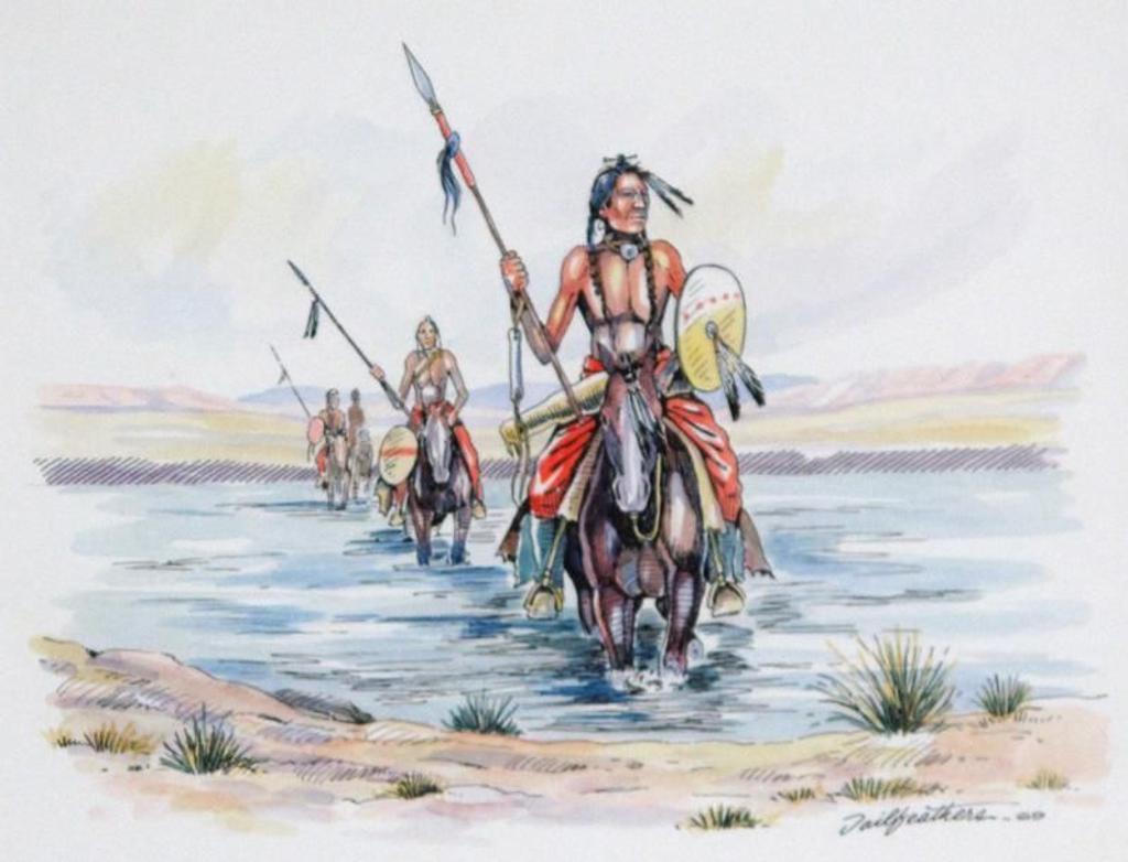 Gerald T. Tailfeathers (1925-1975) - Braves On Horseback At River Crossing; 1969