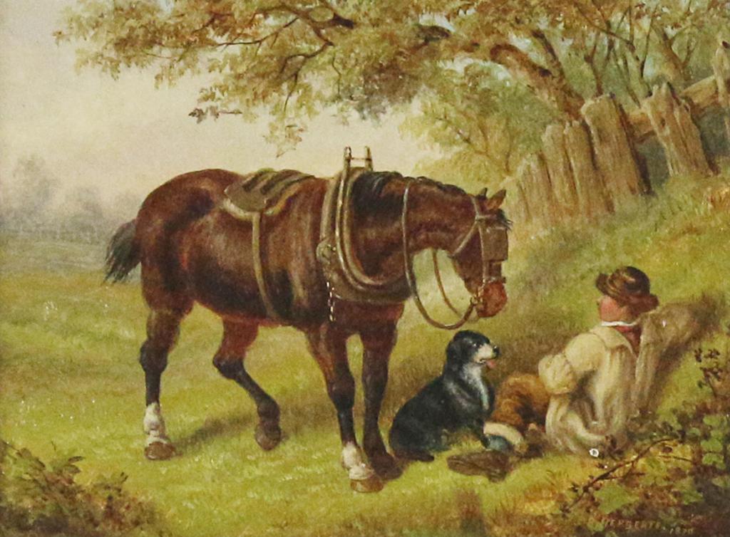 Edward Benjamin Herberte (1857-1893) - Man Resting With His Horse And Dog; 1870