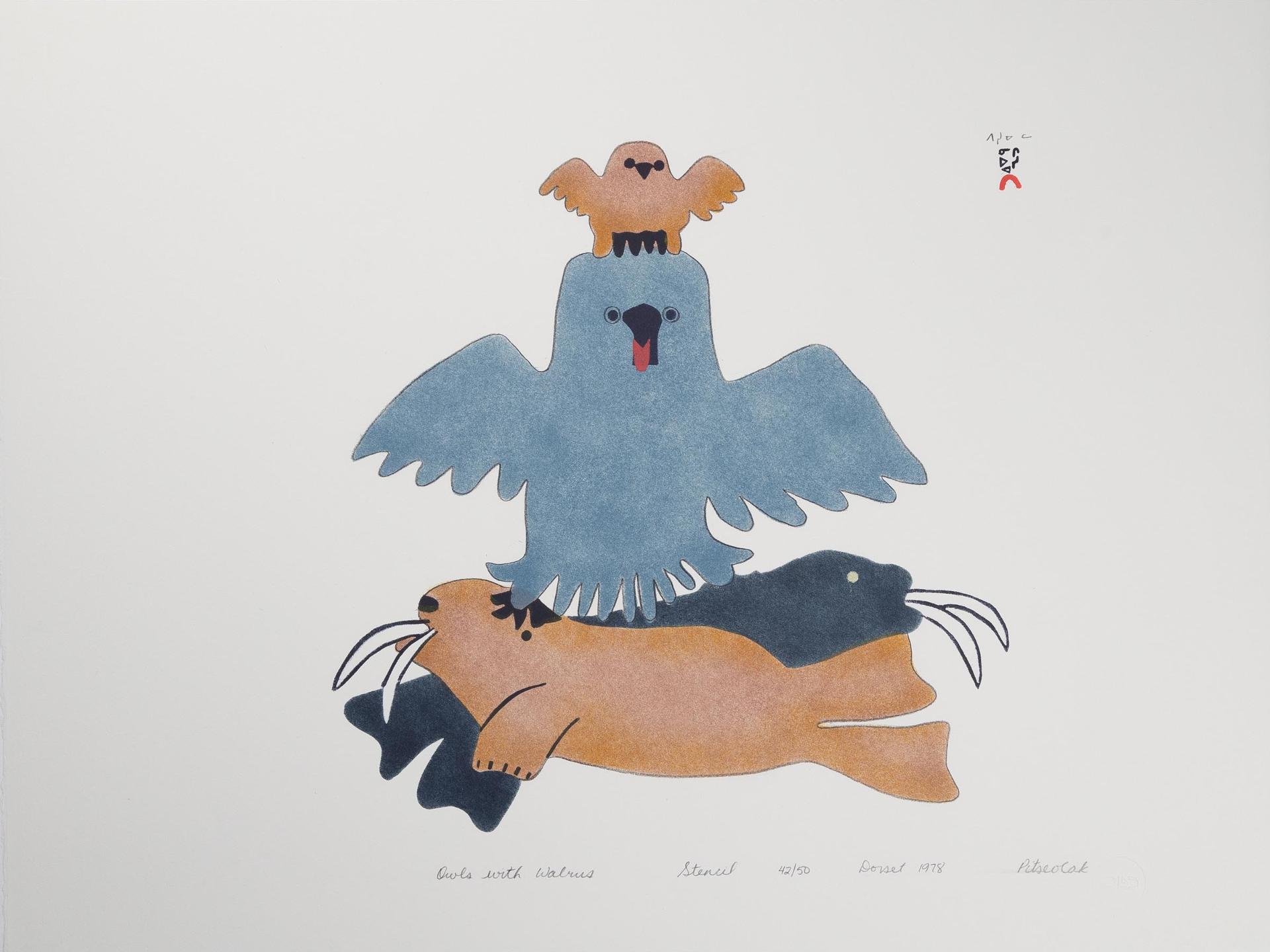 Pitseolak Ashoona (1904-1983) - Owls With Walrus