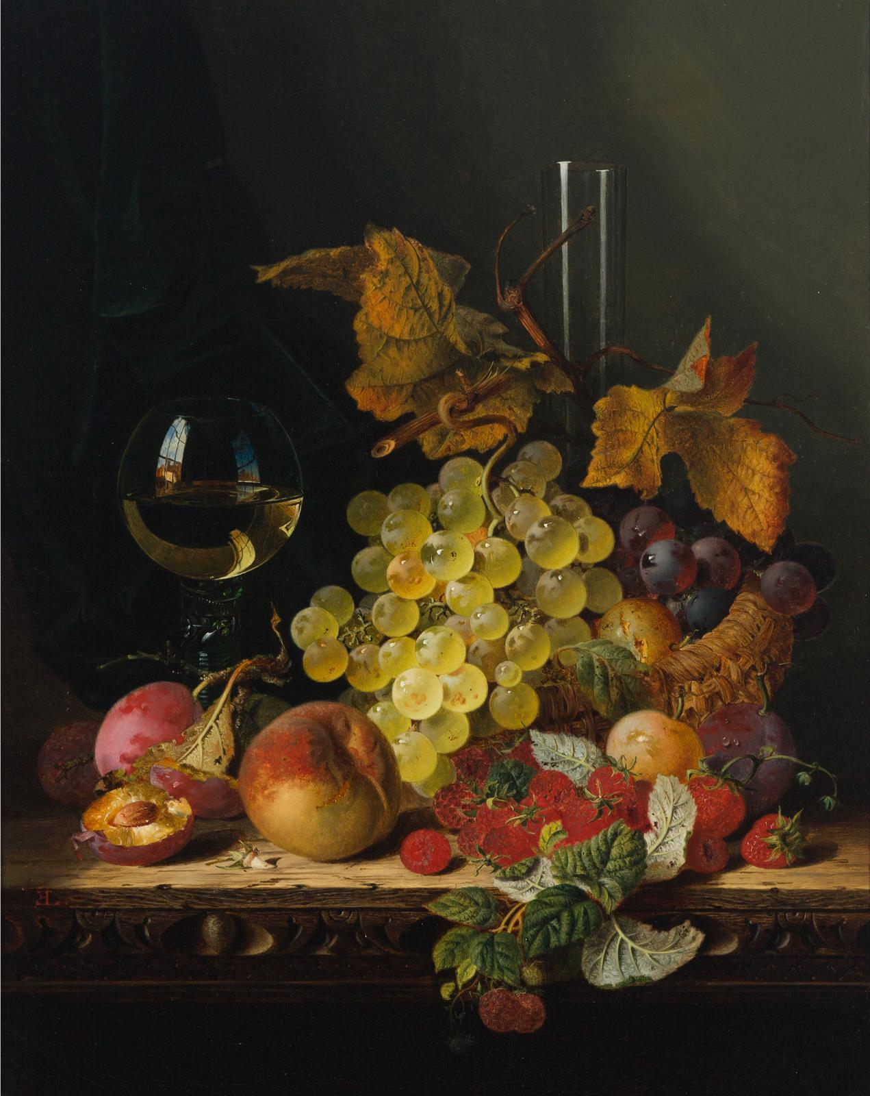 Edward Ladell (1821-1886) - Still Life Of Fruit In A Basket By A Goblet On A Ledge