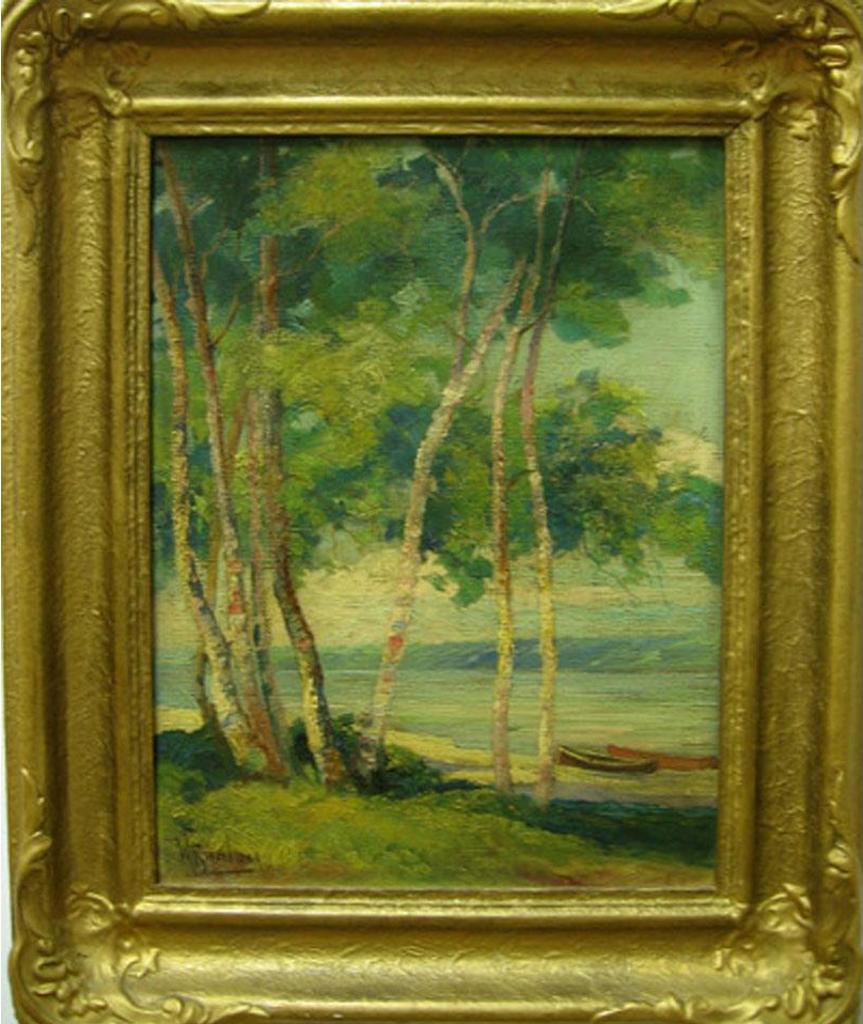 William E. Stanley (1900-1949) - Lake Thru Birches With Canoes