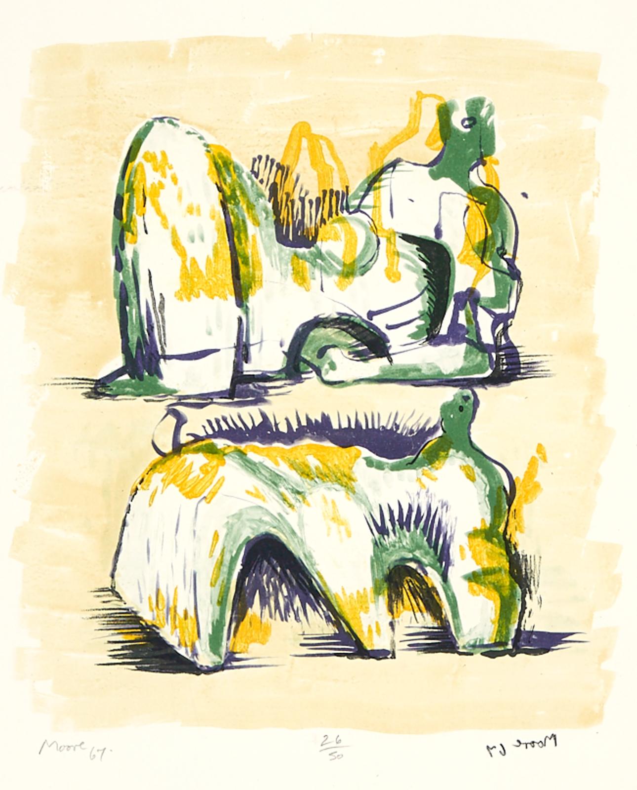 Henry Spencer Moore (1898-1986) - Two Reclining Figures In Yellow And Green (From Meditation On The Effigy), 1967, [cramer, 74]
