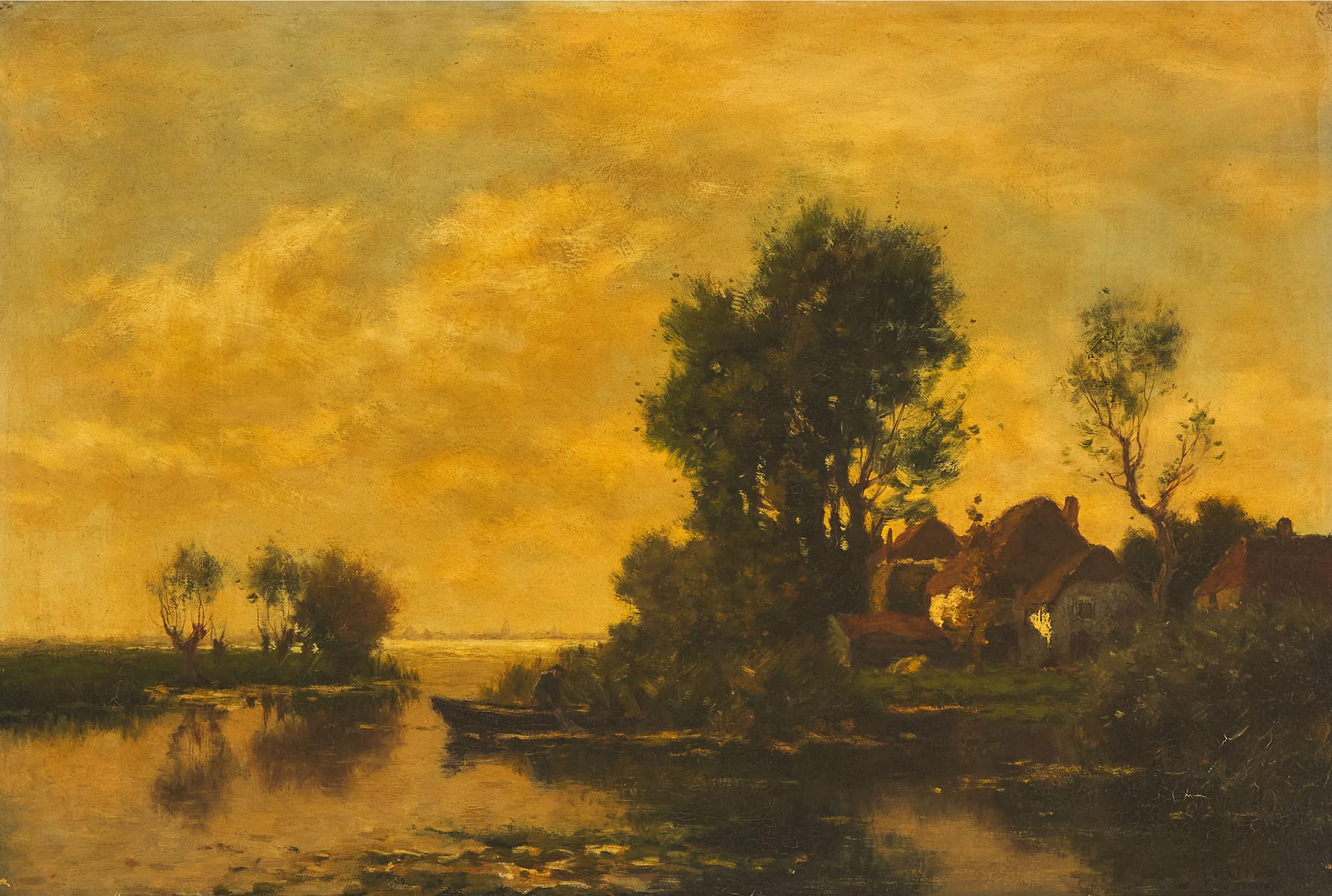 Johannes Karel Leurs (1865-1938) - Boatman By Cottages