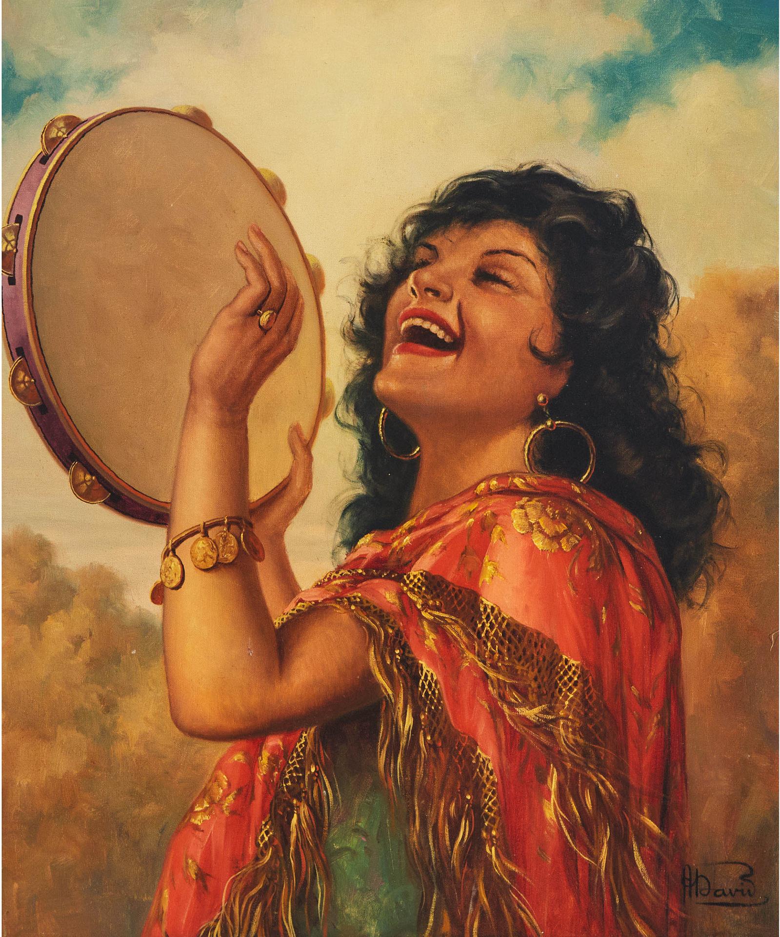 André David - Gypsy Girl Holding Tambourine In Her Hand