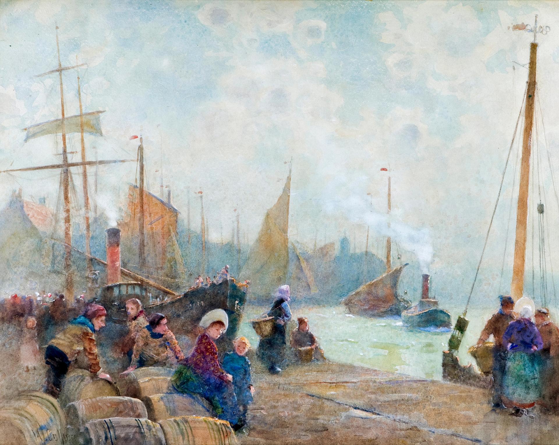 Hector Caffieri (1847-1932) - Fisherfolk on the quayside