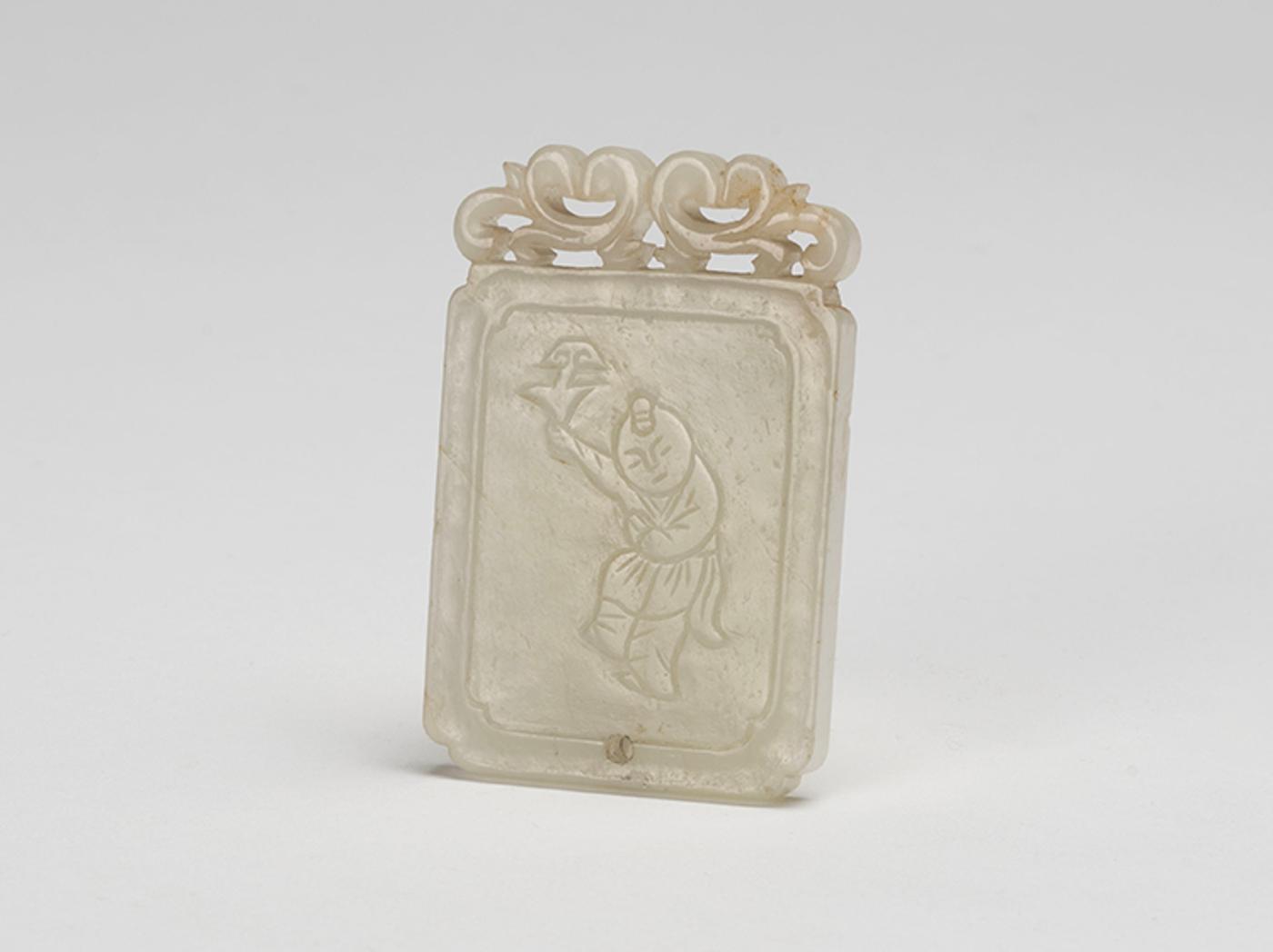 Chinese Art - A Chinese Pale Celadon Jade 'Boy' Rectangular Pendant, Late Qing Dynasty