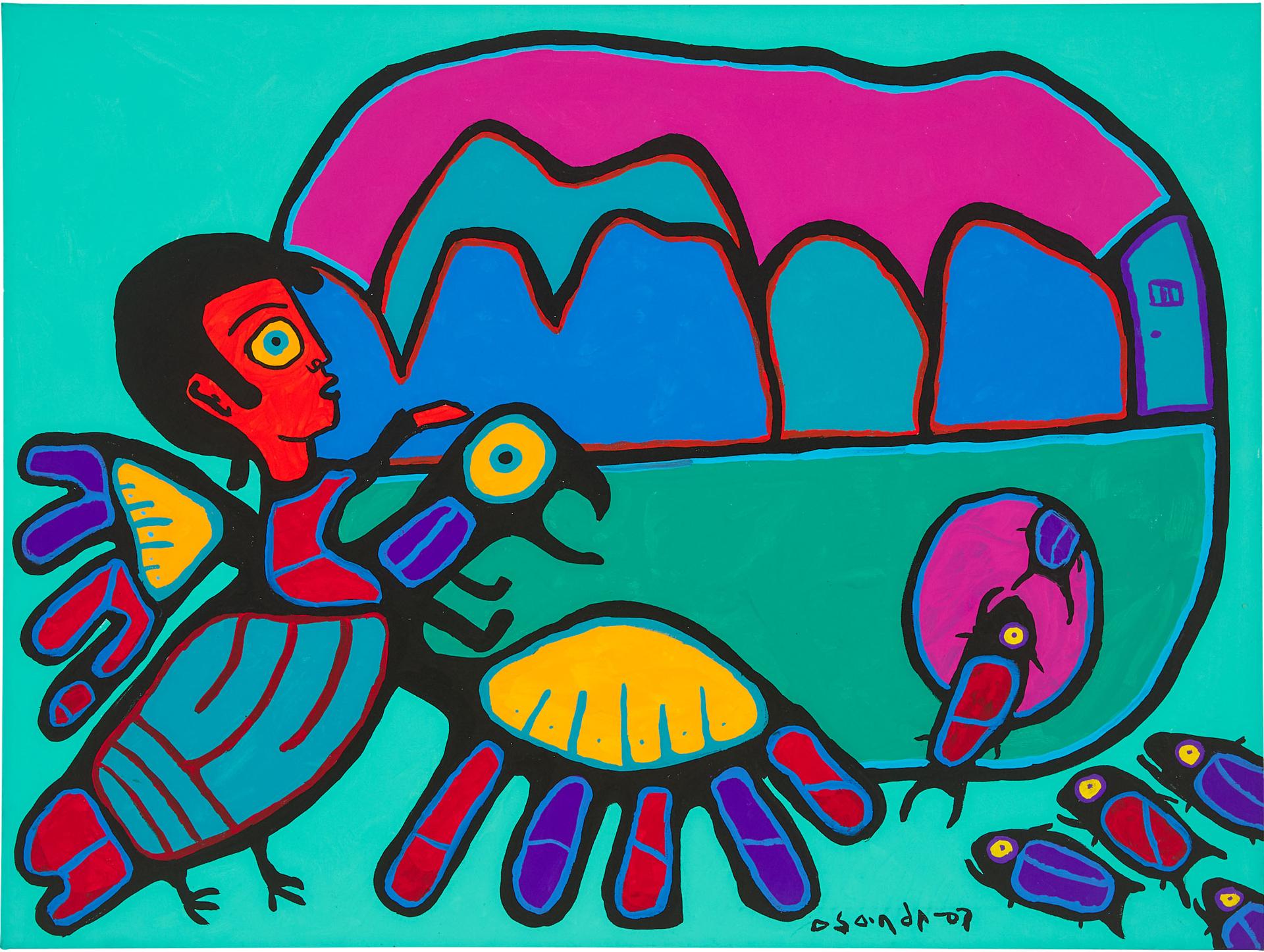 Norval H. Morrisseau (1931-2007) - Riding The Great Thunderbird  To The Mountain World, 1997