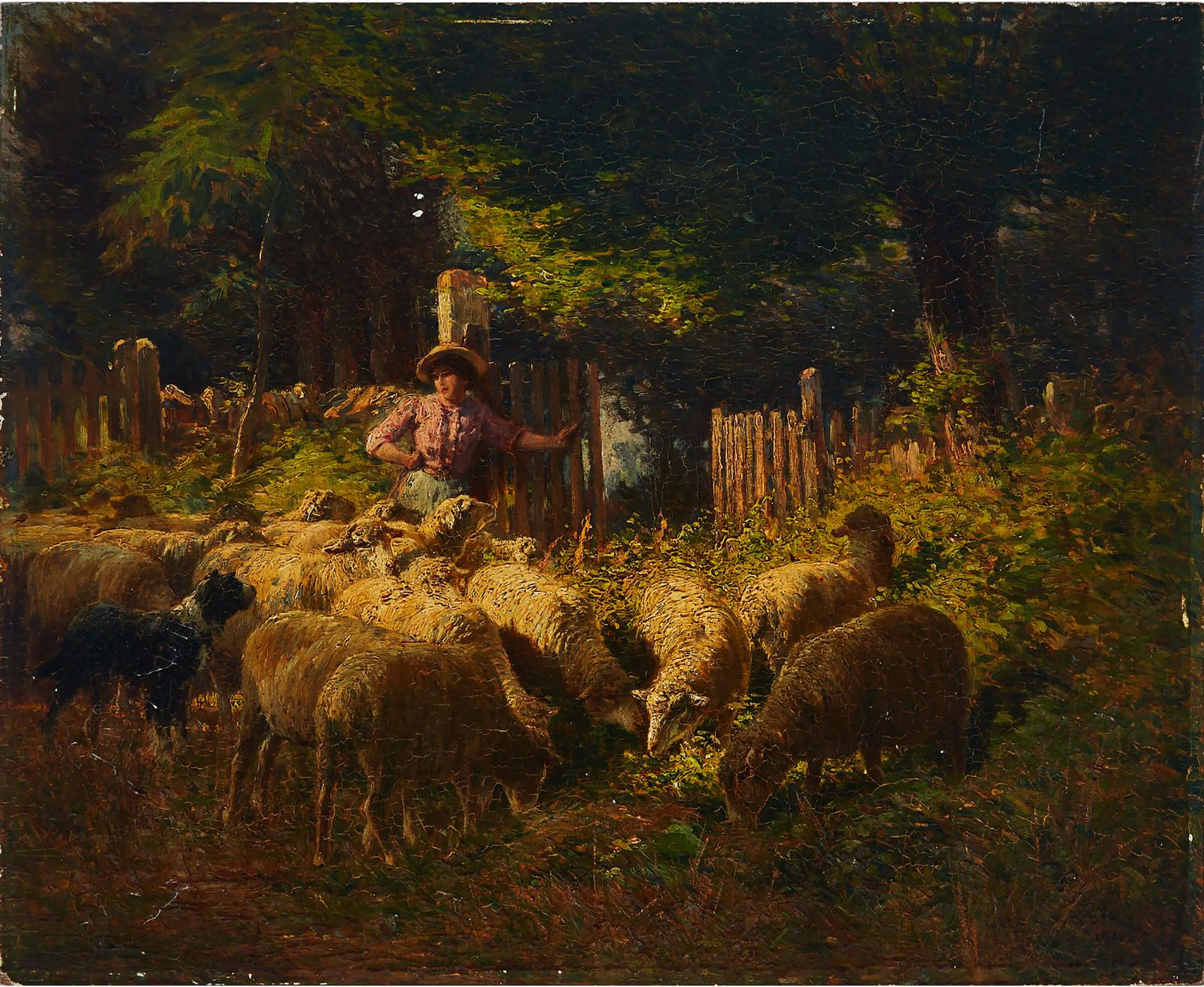 Charles H. Clair (1860-1930) - Woman Herding Sheep At The Gate, 1911