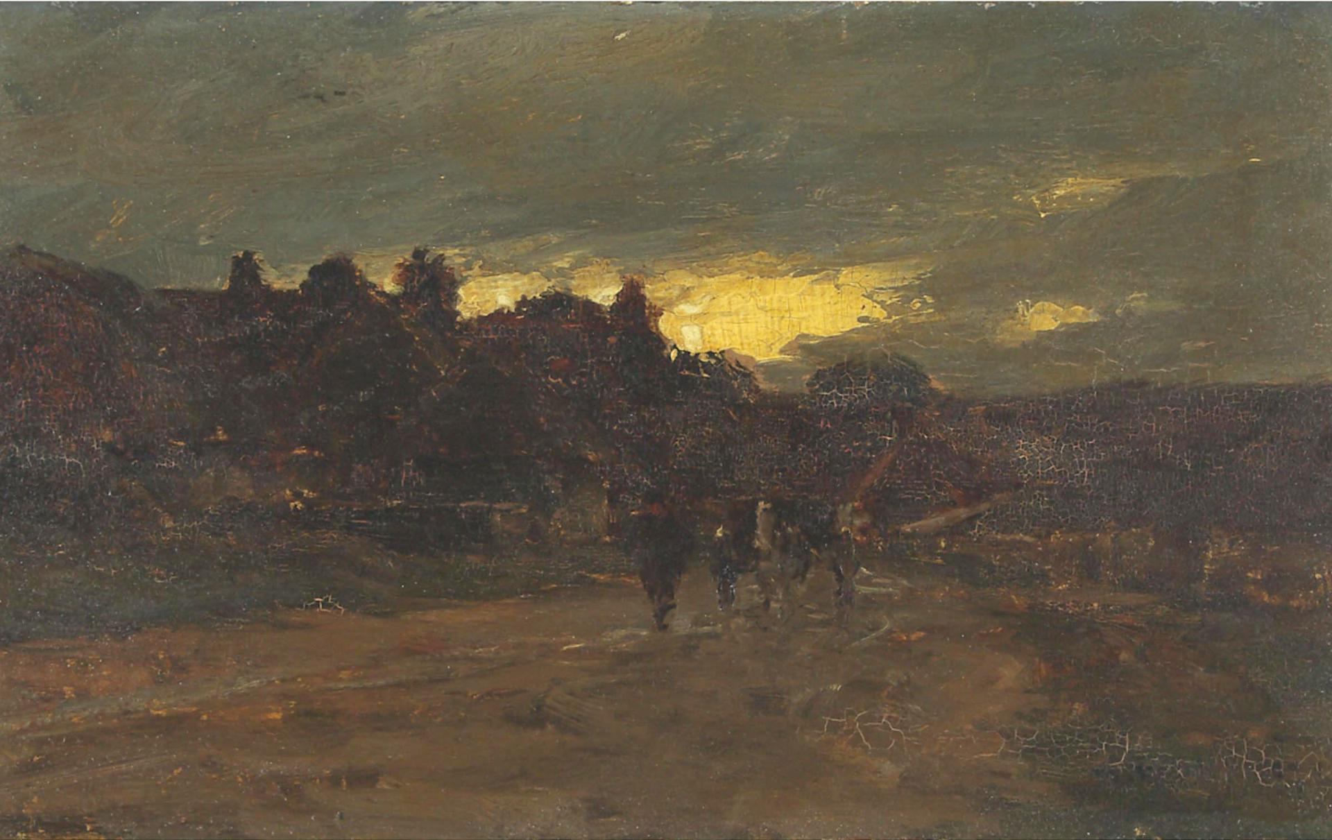 José Weiss (1859-1919) - Farmer Leading Cows Along A Village Trail At Dusk