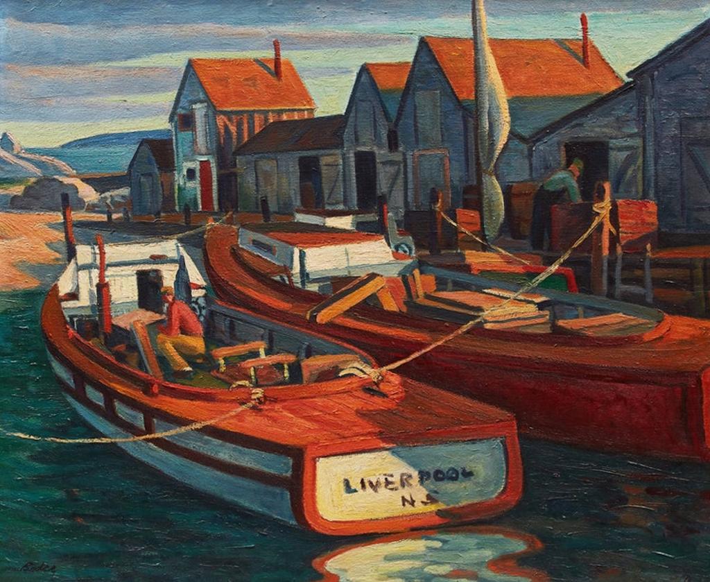 Jack Beder (1910-1987) - Boats at Wharf (Hunt's Point, N.S.)