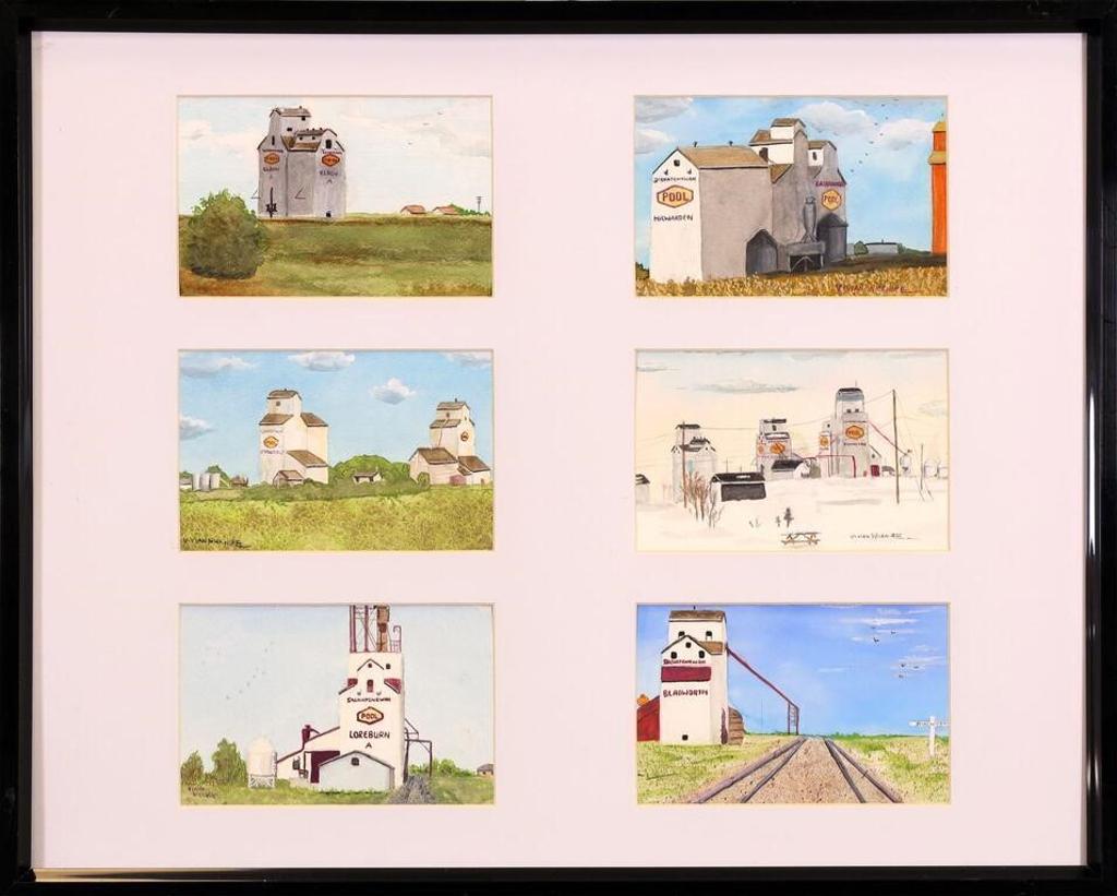Vivian Wickwire - Untitled, Prairie Scenes with Grain Elevators (Elbow; Hawarden; Strongfield; Kenaston; Loreburn; Bladworth)