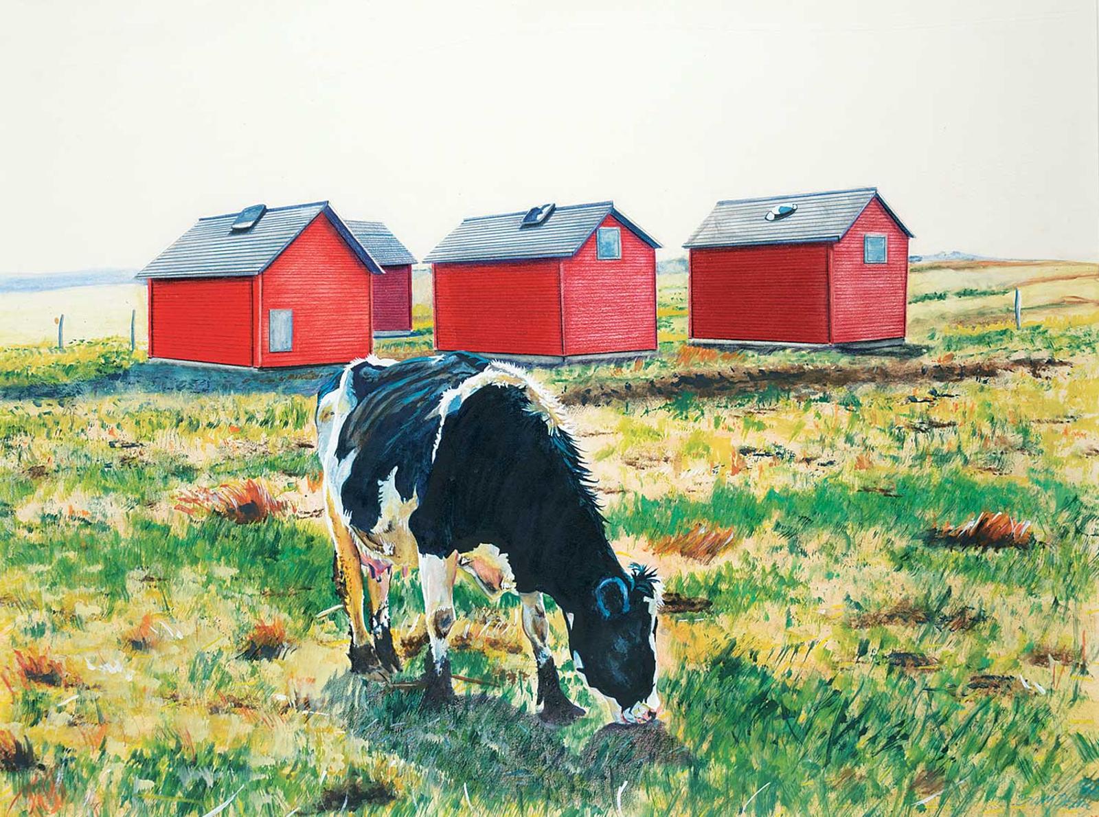 Gary Olson (1946) - Grazing Cow and Four Red Sheds