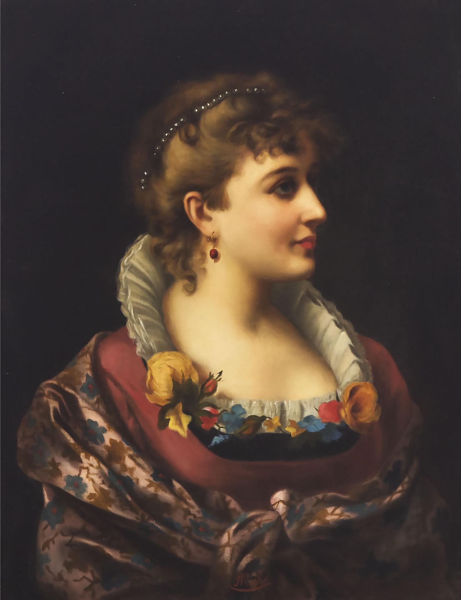 Adele Riche - Portrait Of A Lady, Bust Length In A Pink Dress With A Shawl