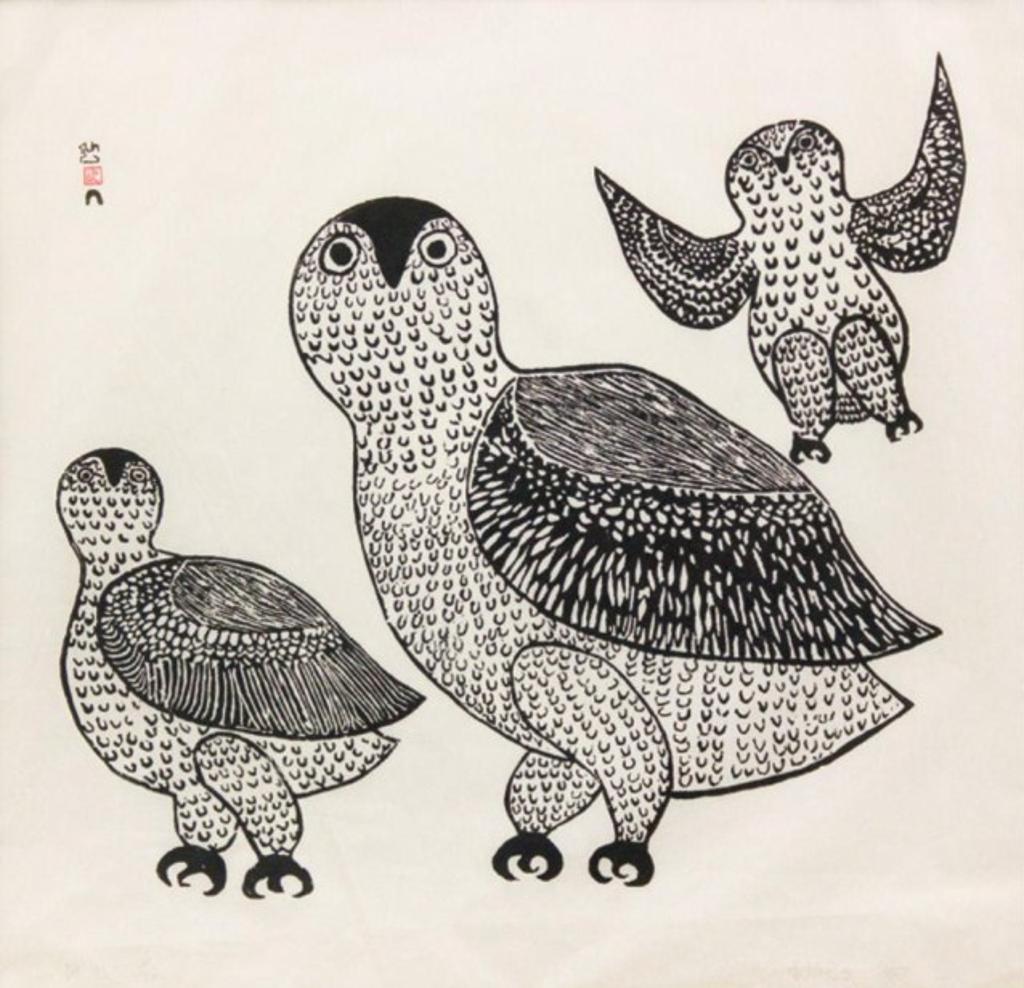 Angotigolu Teevee (1910-1967) - Three Owls, 1963 #65, stonecut, 19/50, 21 x 22 in, 53.4 x 55.9 cm sight, 28.25 x 28.75 in, 71.7 x 73.1 cm framed