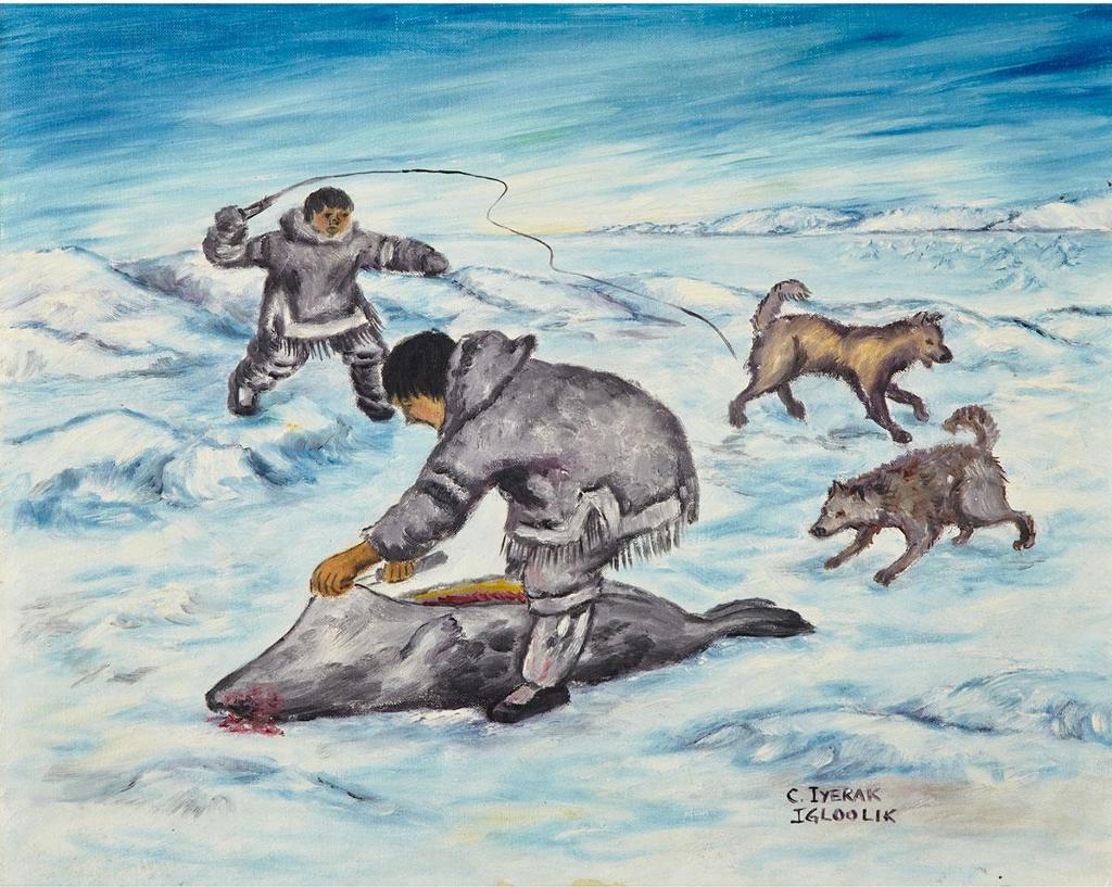 A Man Coming Home From The Seal Hunt; A Man Cutting A Seal by artist Celina Sarpinak Iyyiraq
