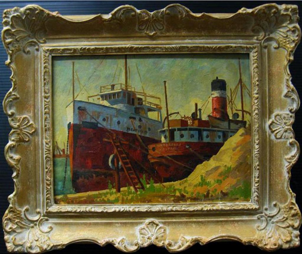 Woldemar Neufeld (1909-2002) - Docked Boat; Gulls Over Rocky Shore