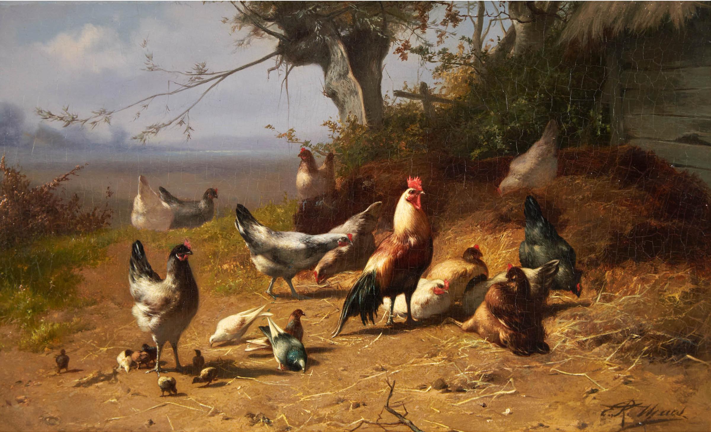 Eugène Rémy Maes - Farmyard With Cockerels, Hens, And Chicks