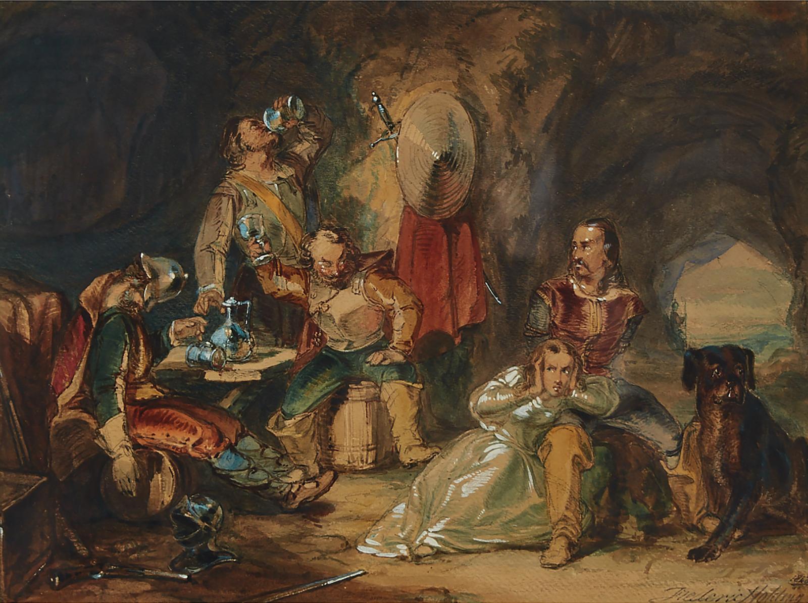Frederic (Frederick) HOLDING (1817-1874) - Damsel And Knight Held Captive In A Cave With Drunken Cavaliers (Robinson Crusoe?), 1848