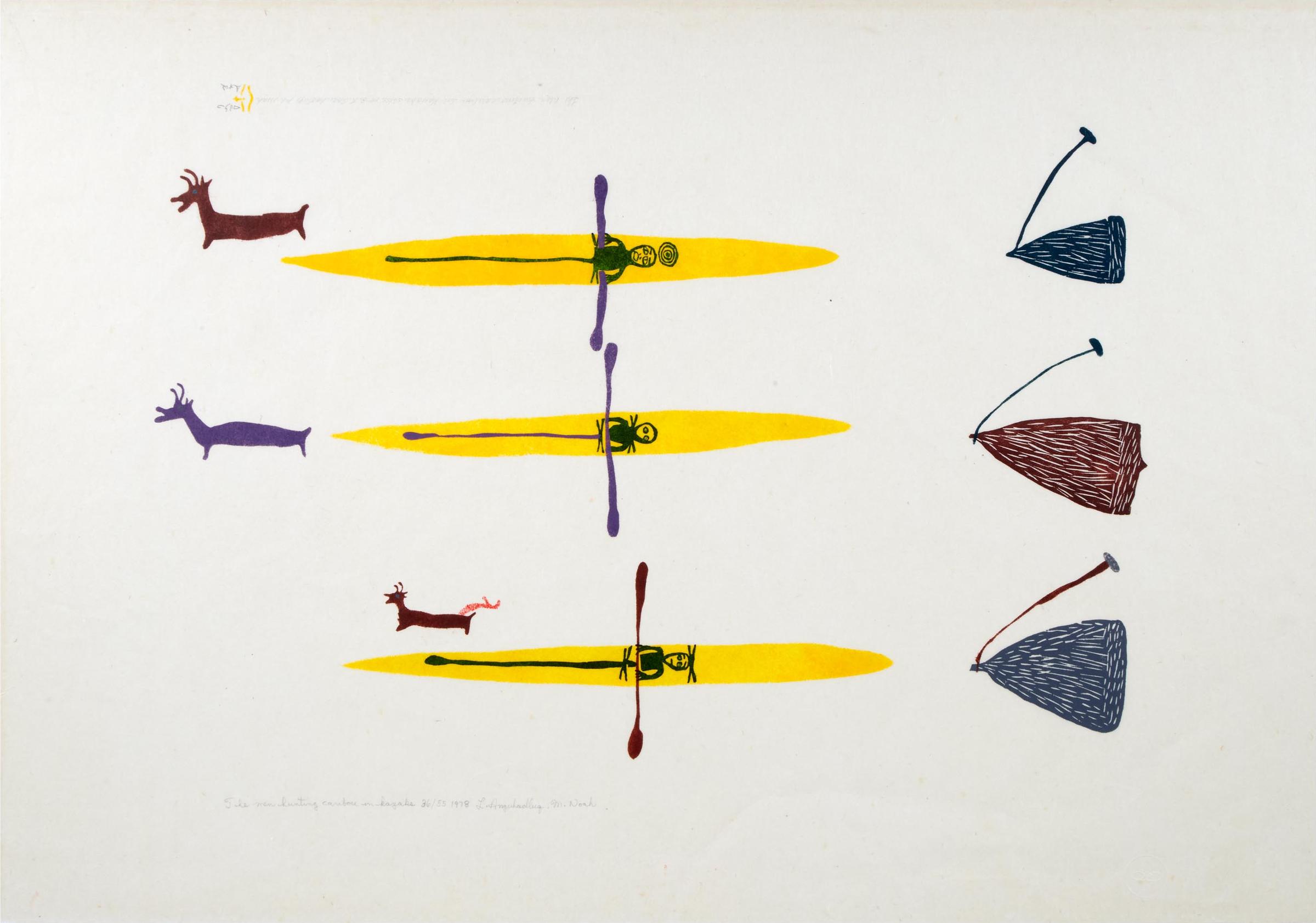 Luke H.Amitnaaq Anguhadluq (1895-1982) - The Men Hunting Caribou In Kayaks, 1978