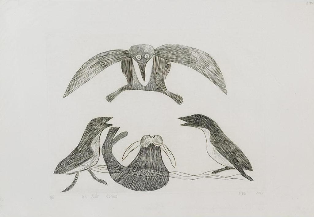Kiawak (Kiugak) Ashoona (1933-2014) - Owl Descending On Walrus