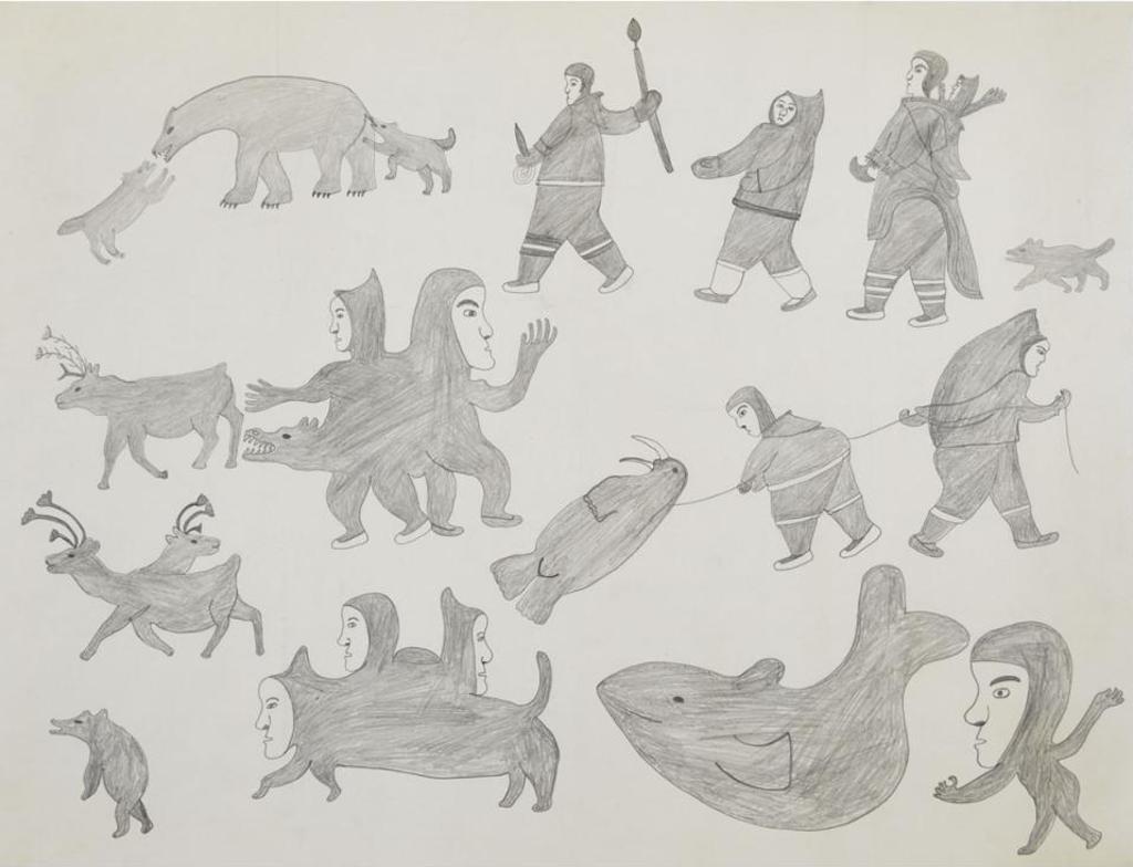 Samuellie Tunnillie (1918) - Untitled (Composition With Spirits, Arctic Animals And Figures)