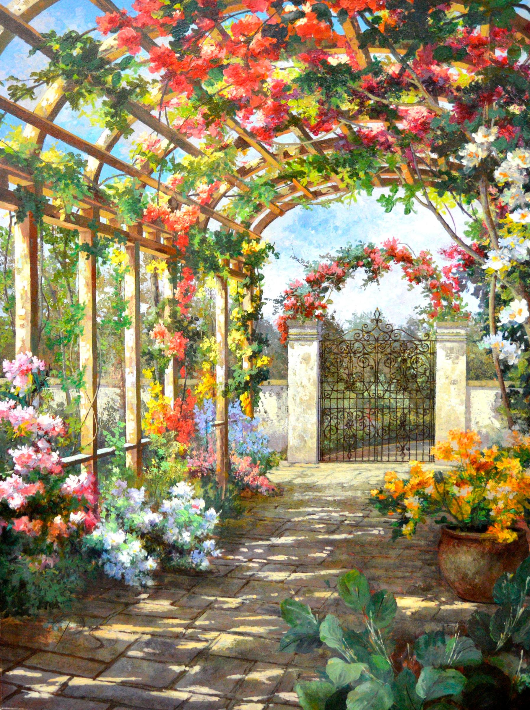 Elizabeth Pena (1966) - Paysage avec jardin, huile sur toile, signée avec initiales