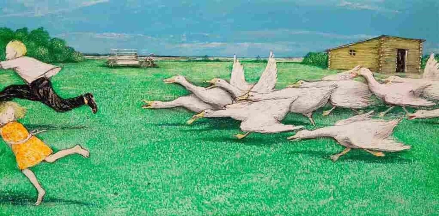 William Kurelek (1927-1977) - Somehow an Angry Goose Makes Discretion Seem the Better Part of Valour, 1970