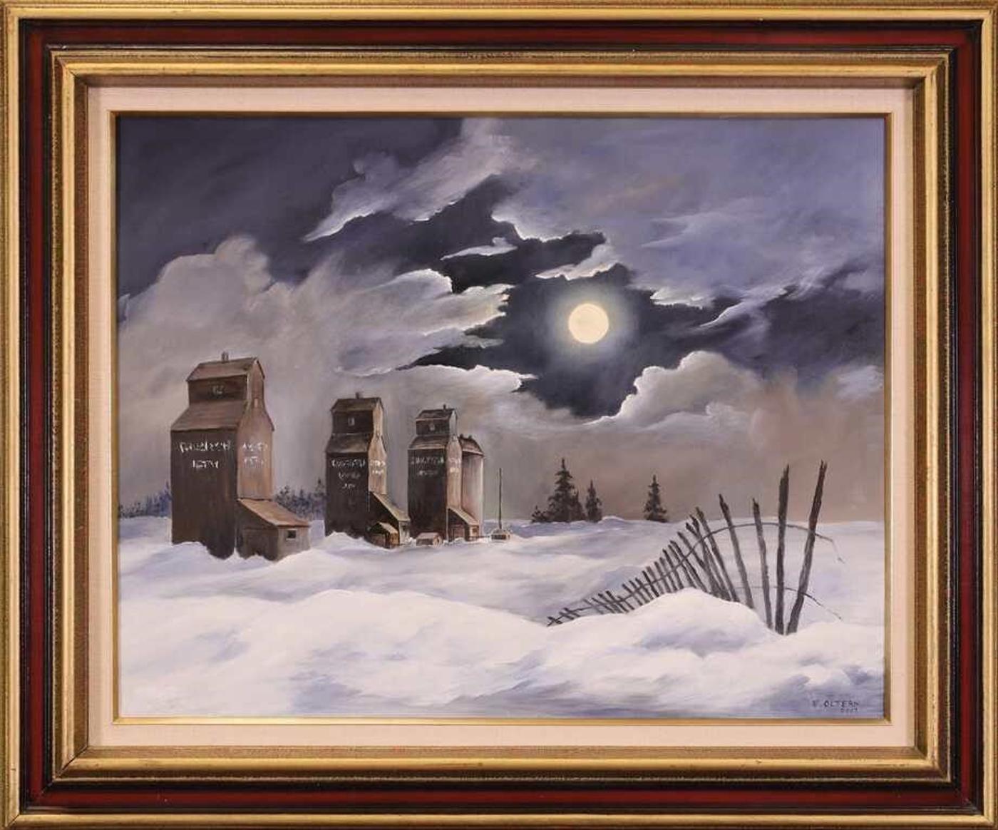 Eleanor Oltean (1924-2016) - Untitled, Grain Elevators Under a Full Moon; 2002