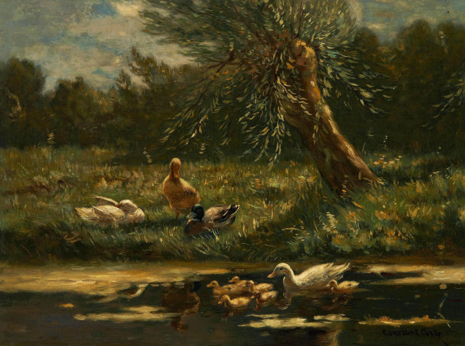 Constant David Artz (1870-1951) - A family of ducks along the riverbank