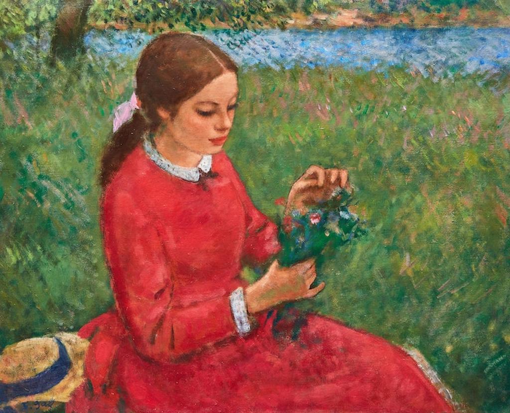 François Gall (1912-1987) - Elizabeth-Anne en rouge, au bouquet de fleurs au bord de l’eau