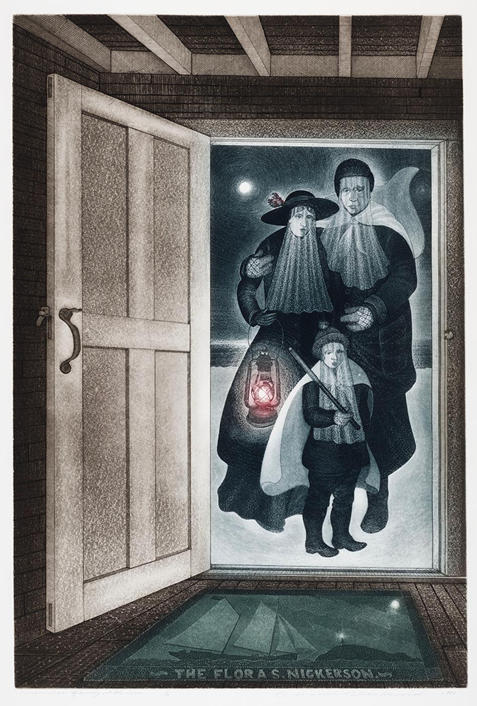 David Lloyd Blackwood (1941-2022) - Mummer Family at the Door