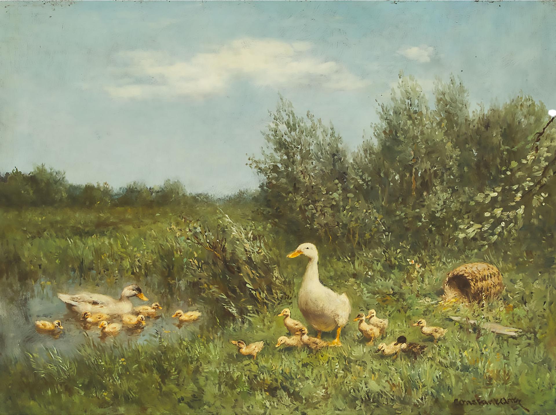 Constant David Artz (1870-1951) - Ducks With Their Ducklings