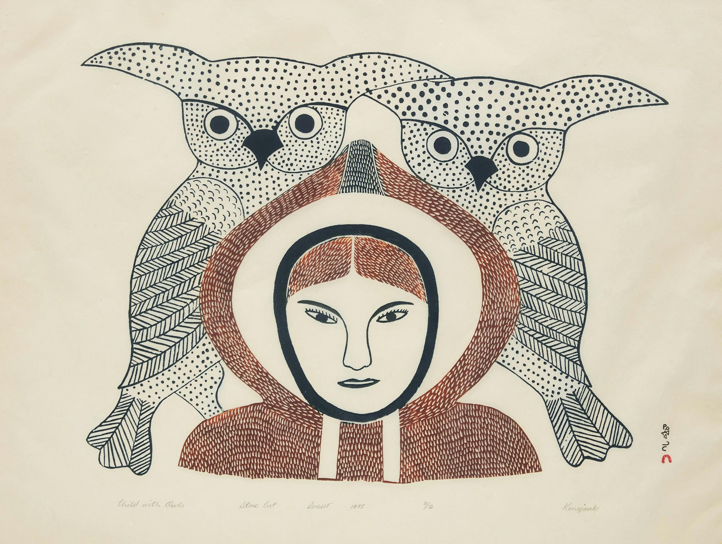 Kenojuak Ashevak (1927-2013) - Child with Owls