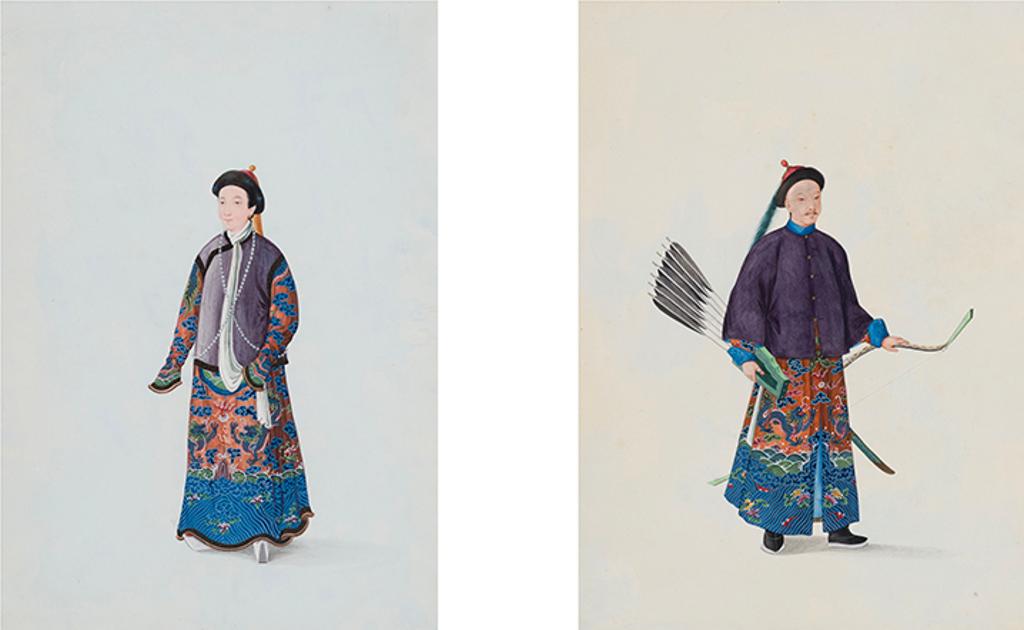 Chinese Art - Two Chinese Export Gouache Paintings of a Mandarin and Wife, Early 19th Century
