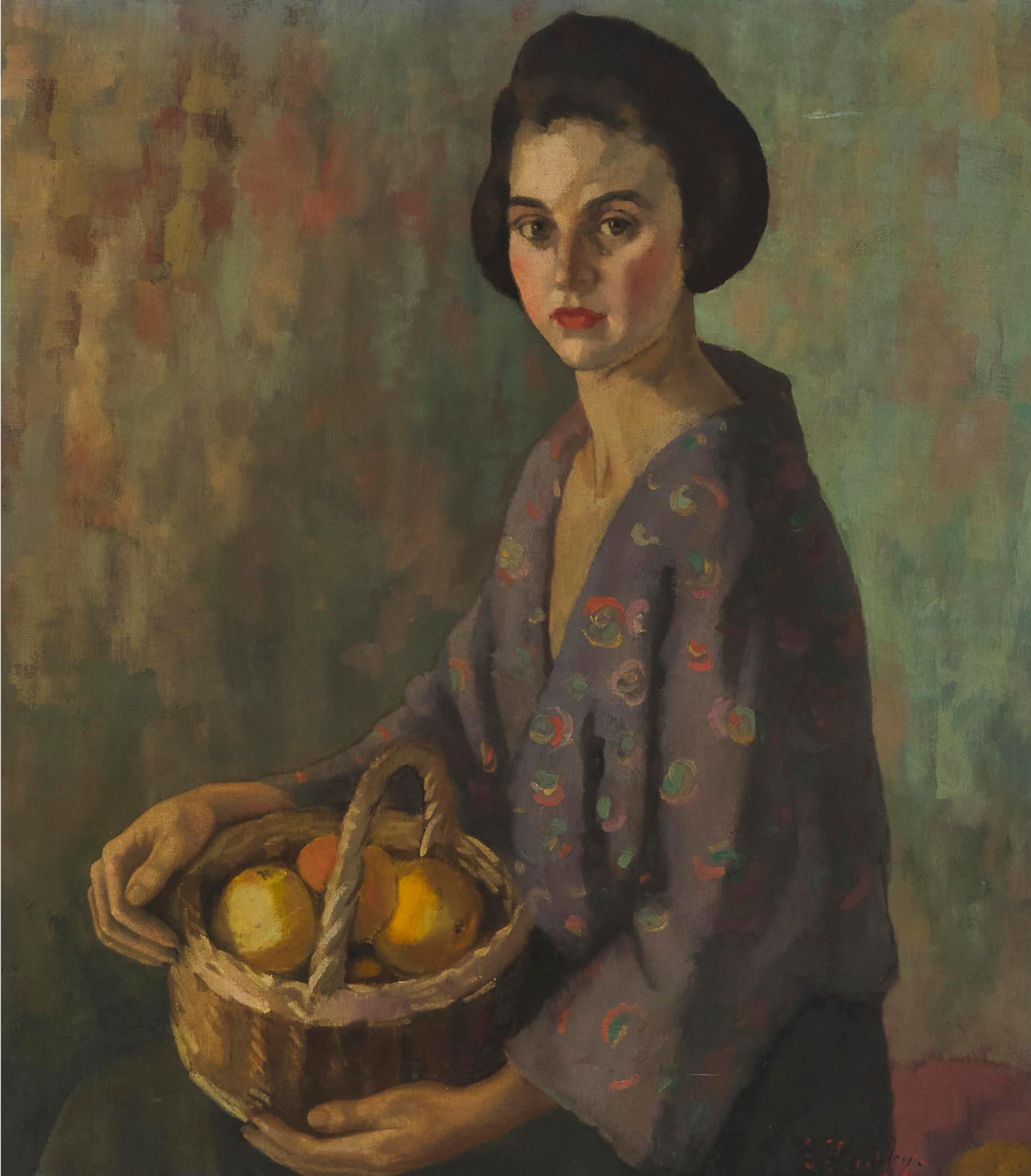 Manner of Ethel Léontine Gabain - Seated Lady In Kimono Holding A Basket Of Fruit