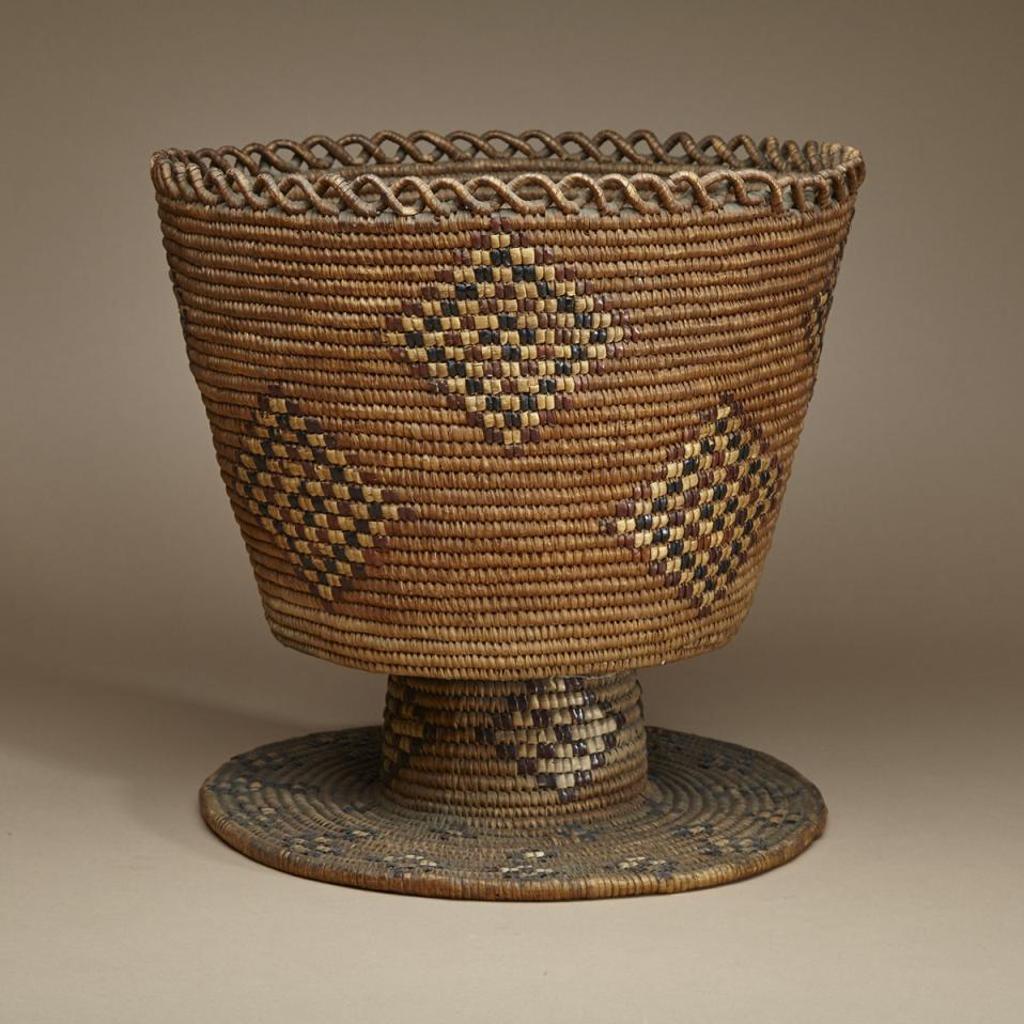 Salish - Open Coiled Pedestal Basket Decorated With Rhombus And Geometric Motifs