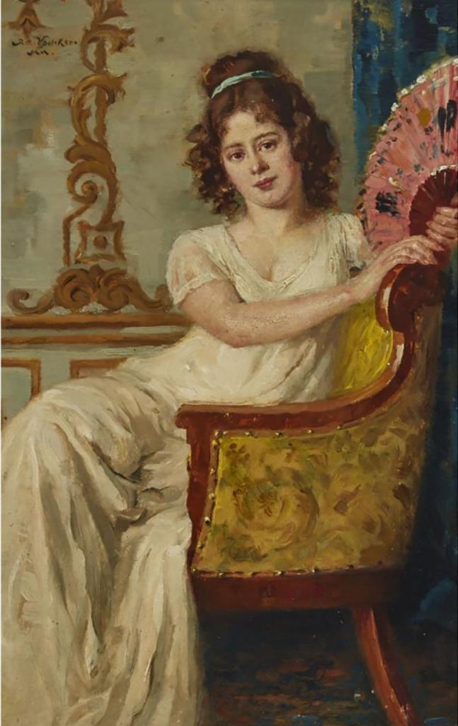 Robert Völcker (1854-1924) - Young Beauty With A Fan Seated In A Napoleonic Era Interior