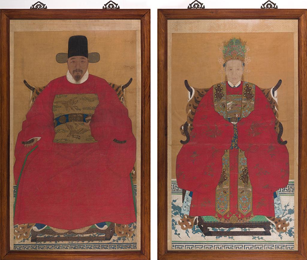 Chinese Art - A Pair of Massive Chinese Huali Framed Ancestor Portraits, Republican Period, Early 20th Century
