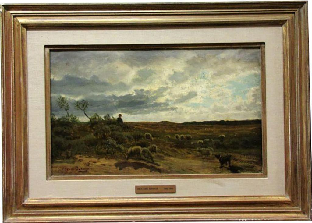 Julius Jacobus Van de Sande Bakhuyzen (1835-1925) - Young Shepherd With Dog Watching The Flock At Dusk  Oil On Canvas; Signed Lower Left