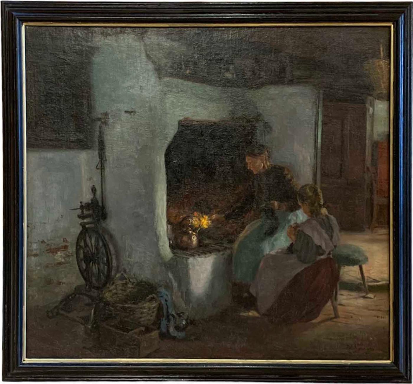 Hermann Seeger (1857-1945) - Mère et fille près d'un foyer