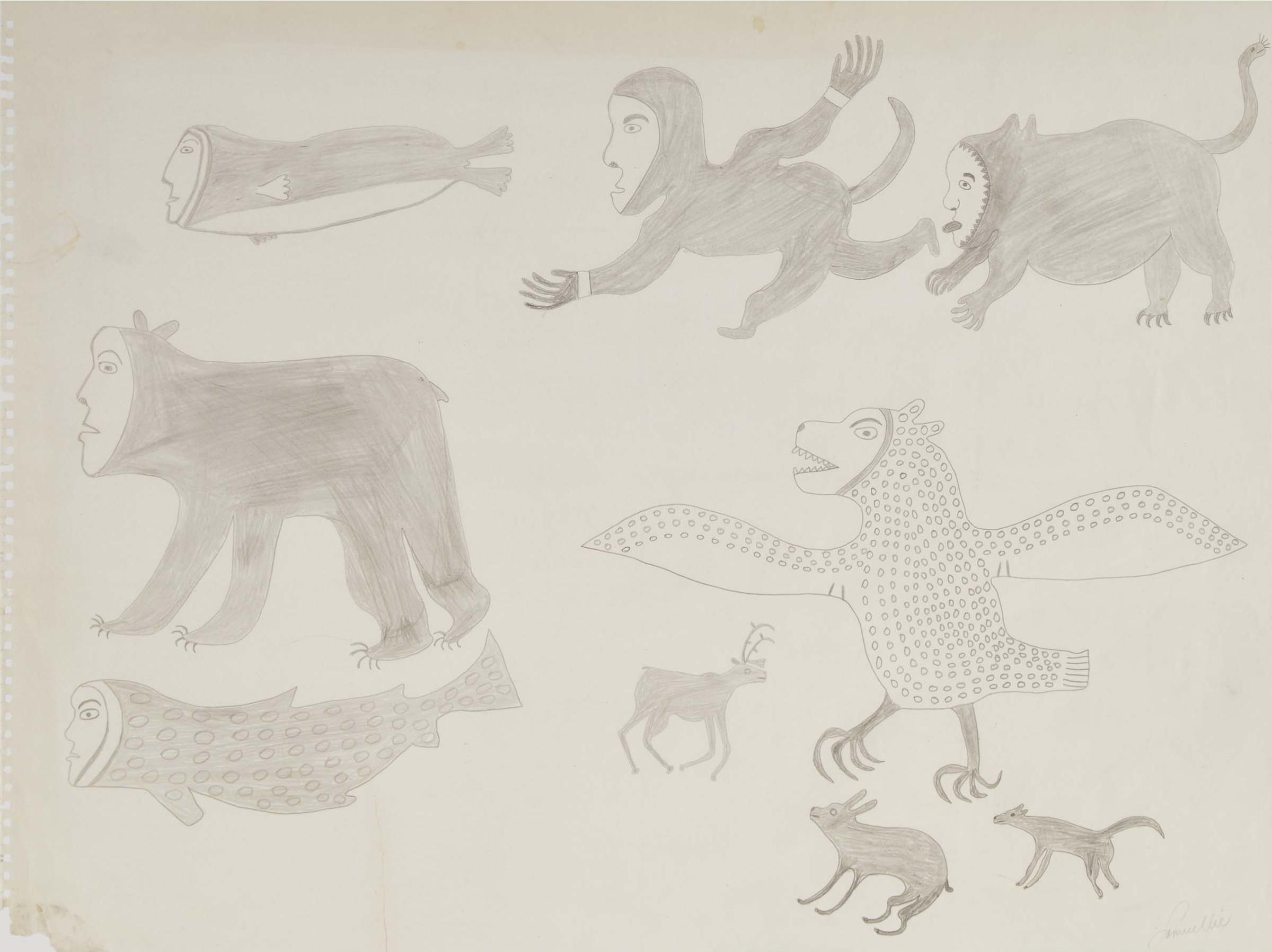 Samuellie Tunnillie (1918) - Untitled (Creatures), Ca. 1960