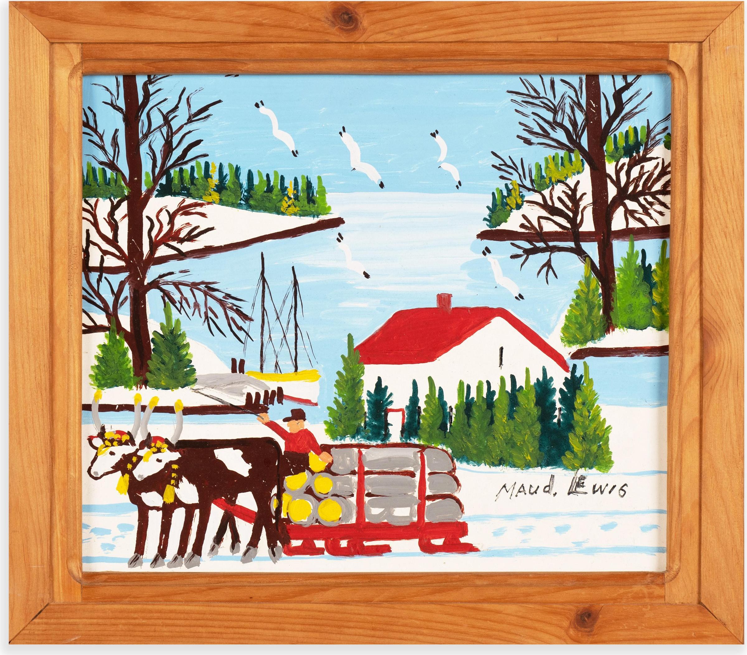 Maud Kathleen Lewis (1903-1970) - Winter Harbour Scene with Oxen Hauling Logs