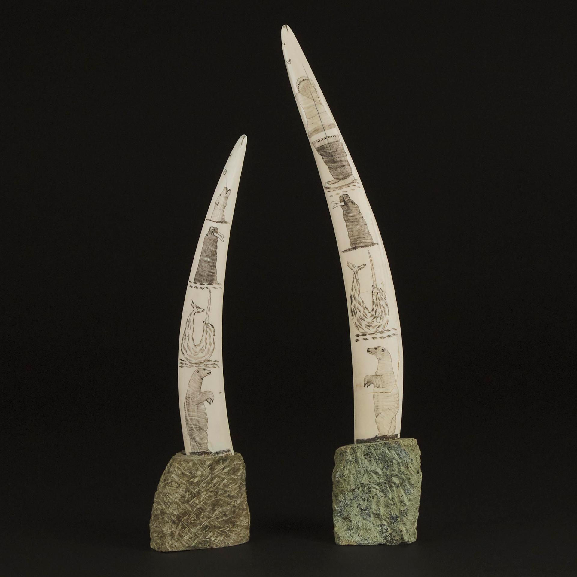 Nuyaliaq Qimirpik (1937-2007) - Pair Of Incised Tusks, Ca. 1980