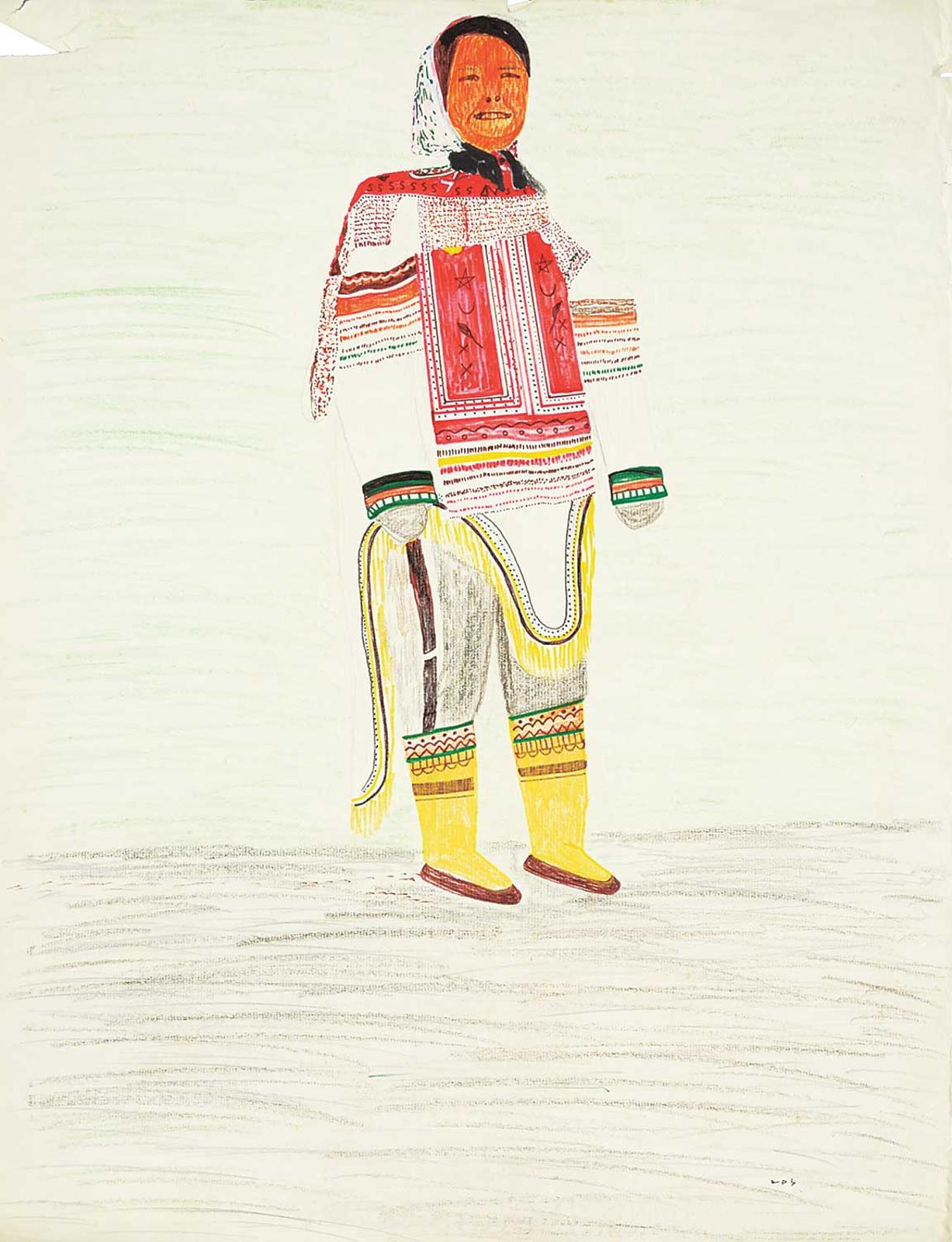 School [Barnabus Arnasungaaq] Inuit - Untitled - Inuit Figure with Orange Face and Brightly Coloured Outfit